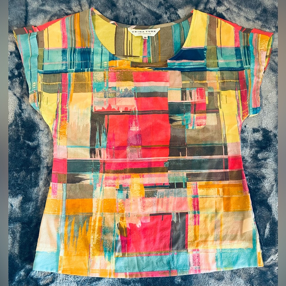 Trina Turk Silk Spandex Water Color Shirt Sz S